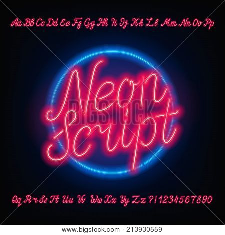 Neon script alphabet font. Red neon uppercase and lowercase letters and numbers. Hand drawn vector typeface for your headers or any typography design.