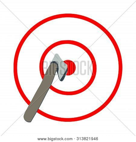 Axe In The Target, Red Lines, White Background. Axe Throwing, Lumberjack Sport.