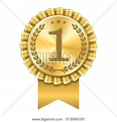 Award Ribbon Gold Icon Number First. Design Winner Golden Medal 1 Prize. Symbol Best Trophy, 1st Suc