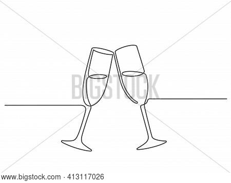 One Line Champagne Toast. Continuous Linear Couple Wine Glasses Clink. Wedding Party Cheers. Minimal