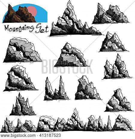 Mountains Set. Hand Drawn Rocky Peaks. Black Drawn Mountains On A White Background. Mountain Shapes 