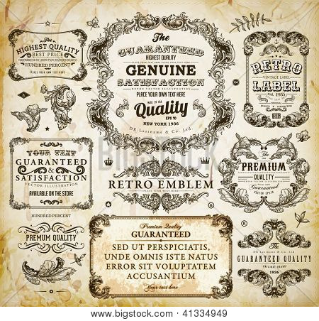 Vector set of calligraphic design elements: page decoration, Premium Quality and Satisfaction Guarantee Label, antique and baroque frames | Old paper texture with dirty footprints of a cup of coffee.