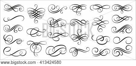 Vintage Swirl Ornament, Line Style Flourishes Set. Filigree Calligraphic Ornamental Curls. Decorativ