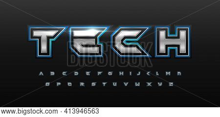 Game Futurism Alphabet. Techno Silver Font With Glow. Cyber Sport Type For Modern Futuristic Logo, H