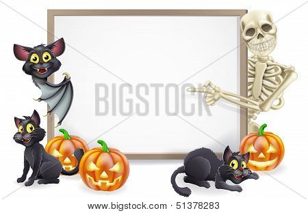 Halloween Sign With Skeleton And Bat