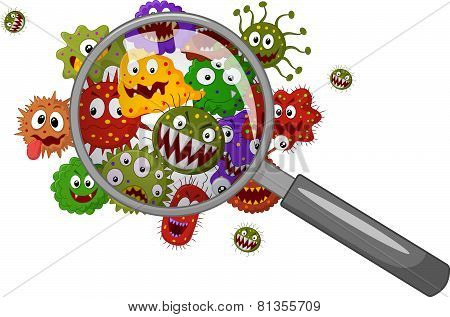 Cartoon bacteria under a magnifying glass