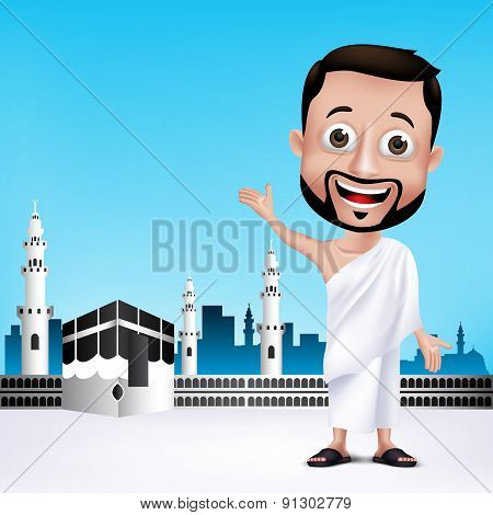 Man Character Wearing Ihram Cloths for Performing Hajj or Umrah