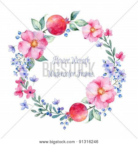 Vector round frame of watercolor roses. pomegranate and berries.