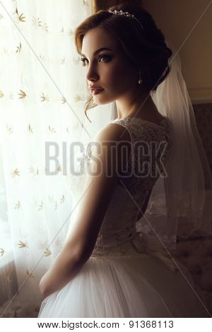 Beautiful Sensual Bride With Dark Hair In Luxurious Lace Wedding Dress