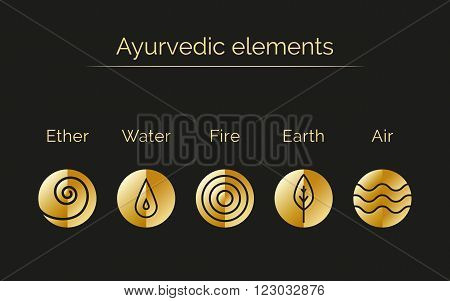 Ayurveda vector illustration with gold texture. Ayurvedic elements: water fire air earth ether. Ayurvedic symbols in linear style. Alternative medicine. Infographic with flat icons.