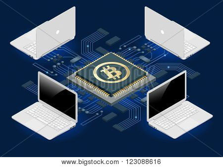 Bitcoin mining equipment. Digital Bitcoin. Golden coin with Bitcoin symbol in electronic environment. Flat 3d isometry isometric online mining bitcoin concept