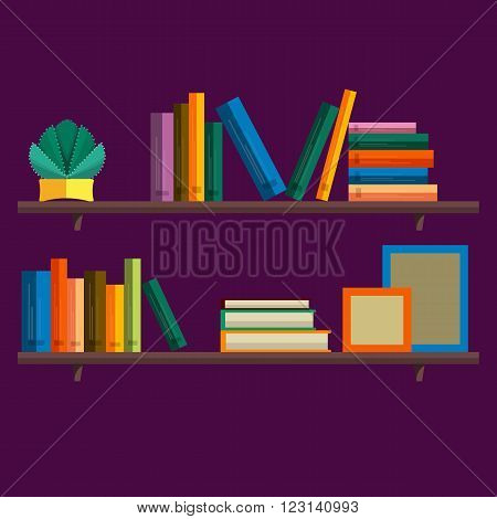 Bookshelf with books in vector. Bookshelf in a flat style with long shadow. Illustration of modern shelves for books. Wall bookshelf with a stack of books. Wooden bookshelf with books in the series.