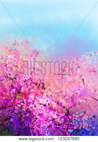 Watercolor painting Cherry blossoms - Japanese cherry - Sakura floral with blue sky. Pink flowers in soft color with blurred nature background. Spring flower seasonal nature background with bokeh