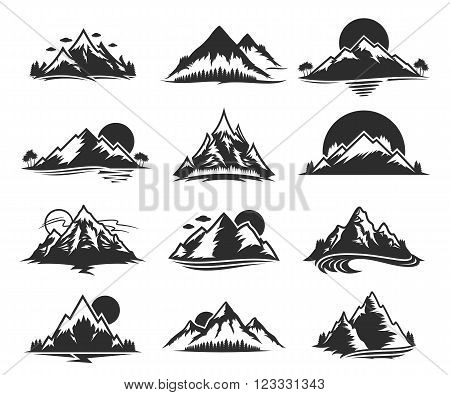 Vector mountains icons isolated on white. Tourism hiking and camping icons. Mountains and travel icons for tourism organizations outdoor events and mountains leisure.