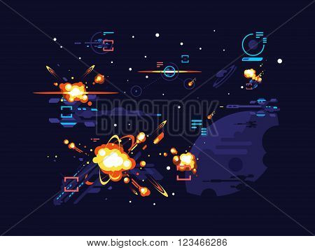 Battle star space. Fantasy science futuristic, spaceship alien, cosmic war with sci-fi, vector illustration