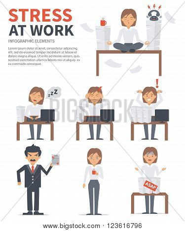 Business woman stress day at work. Vector stress infographic.