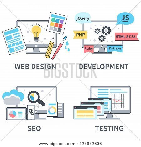 Vector flat line set of concept web development elements. Stages of web development. Icons for web design application development web programming seo testing.