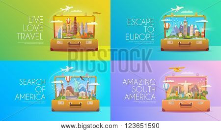 Trip to World. Travel to World Vacation. Road trip. Tourism. Travel banner. Open suitcase with landmarks. Journey. Travelling illustration. Modern flat design. EPS 10. Colorful. America Asia Europe