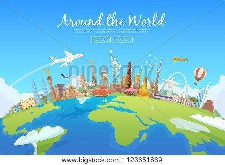 Travel to World. Road trip. Tourism. Landmarks on the globe. Concept website template. Vector illustration. Modern flat design.