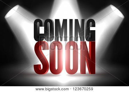 Coming soon in stage spotlight on dark background. Vector scene illuminated spotlight. Spotlight background vector. Coming soon on a show scene spotlight. Spotlight glow effect stage background.