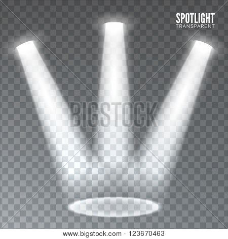 Stage spotlight on dark transparent background. Vector scene illuminated spotlight. Stage spotlight. Spotlight background vector. Show scene spotlight. Spotlight glow effect on transparent background.