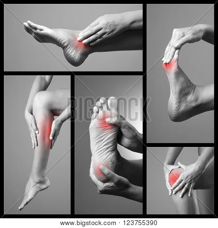 Pain in the foot. Massage of female feet. Sore on woman legs. Pain in the human body on a gray background. Collage of body parts of several photos. Black and white photo with red dot