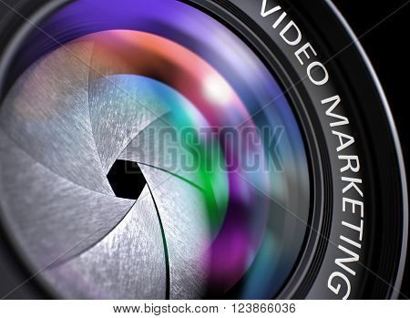 Video Marketing - Concept on Front of Camera Lens with Colored Lens Reflection, Closeup. Video Marketing Written on a Front of Camera Lens. Closeup View, Selective Focus, Lens Flare Effect. 3D.