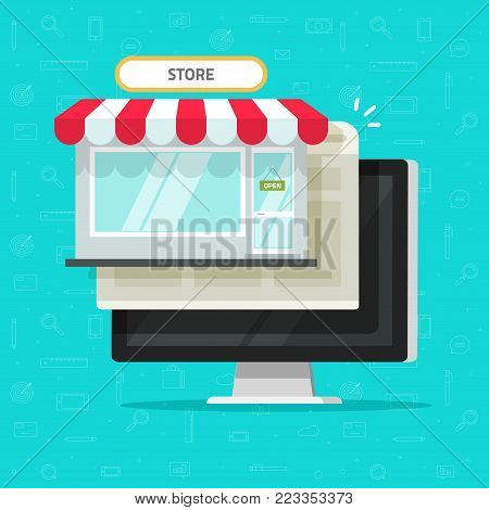 Online shop on computer vector illustration, flat cartoon desktop pc with internet on-line store and browser page window, idea of e-commerce storefront, web commerce, digital supermarket website