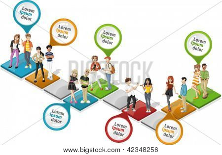 Colorful template for advertising brochure with cool cartoon young people over path