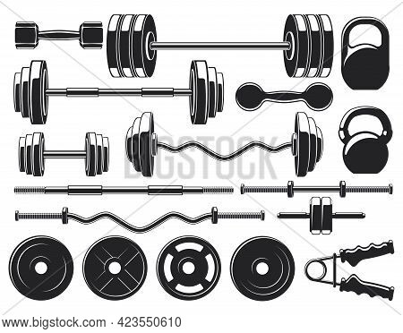 Gym Heavy Weight Equipment. Fitness Dumbbell And Barbell Silhouettes, Bodybuilding Heavy Weight Vect