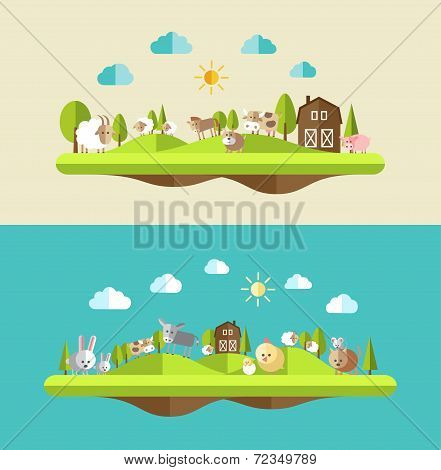 Set of flat design compositions with farm animals