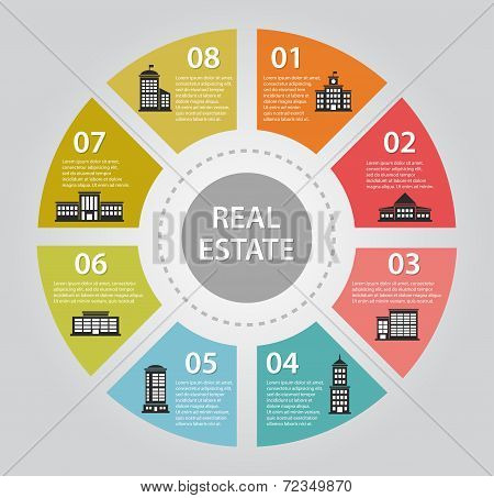 Illustration of flat design infographics composition with real e