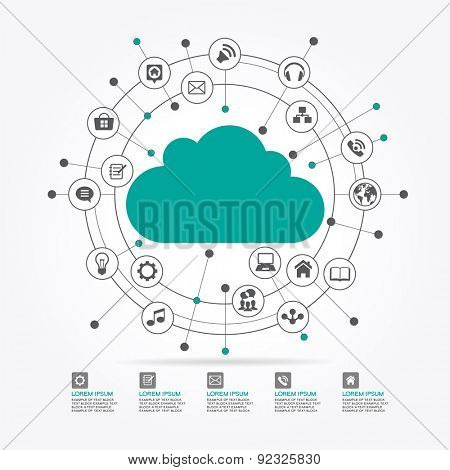 Cloud surrounded by abstract computer network with integrated circles and icons for digital,  network, internet, connect, social media, communicate Infographic design background