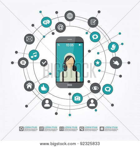 Smartphone surrounded by abstract computer network with integrated circles and icons for digital,  network, internet, connect, social media, communicate.  Infographic design background. AI10 EPS 