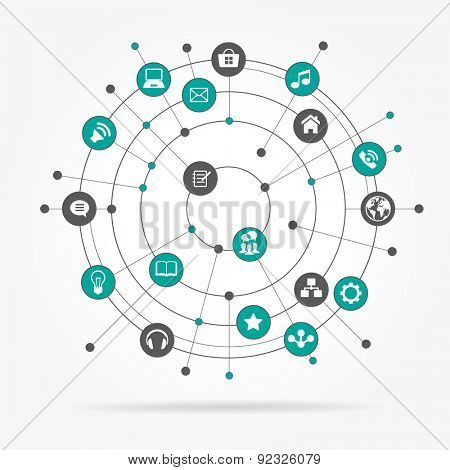 Abstract computer network with integrated circles and icons for digital,  network, internet, connect, social media, communicate. File is saved in AI10 EPS version. 