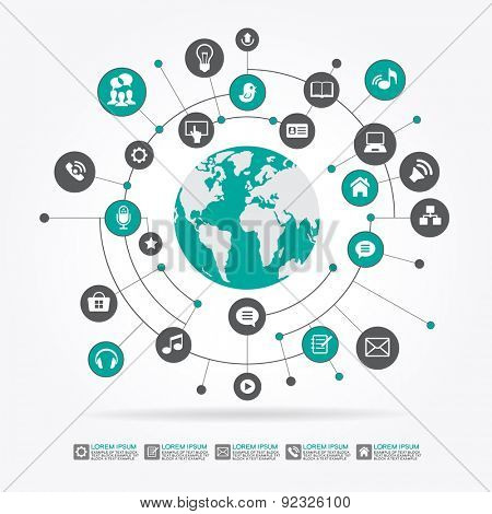 Abstract computer network with integrated circles and icons for digital,  network, internet, connect, social media, communicate. File is saved in AI10 EPS version. 