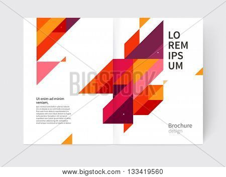 Minimalistic White cover Brochure design. Booklet, annual report cover template. modern Geometric Abstract background. Purple, yellow and red diagonal lines & triangles. vector-stock illustration