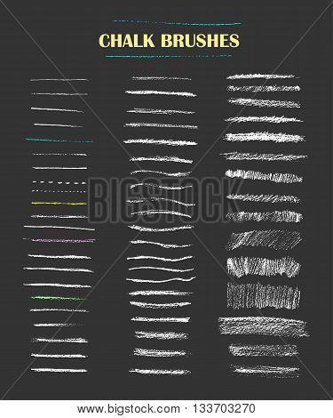 Set of vector grungy chalk art brushes. Chalk textures fine lines rough strokes hatching. Easy edit color and apply to any path write and draw.