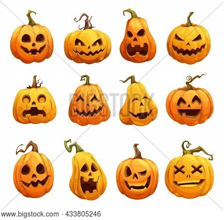 Cartoon Halloween Pumpkins, Jack O Lantern Isolated Scary Characters. Halloween Pumpkin Lanterns, Cu