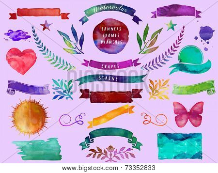 Watercolor Banners, Frames, Branches and Shapes, including heart, sun, star and butterfly 