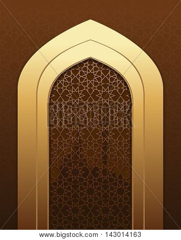 Islamic doorway view Arabian night. Islamic pattern for Muslim celebration. Arch in the mosque. Islamic architecture. Vector illustration