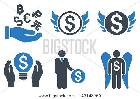 Angel Investor vector icons. Icon style is bicolor smooth blue flat symbols with rounded angles on a white background.