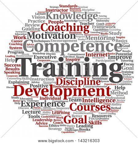 Vector concept or conceptual training, coaching or learning, circle word cloud isolated on background metaphor to mentoring, development, skills, motivation, career, potential, goals or competence