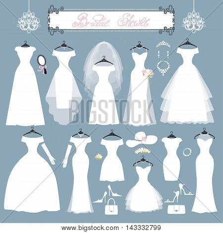 Wedding dresses in Different styles.Fashion bride Dress made in modern style.White dress , accessories set , silhouette.Holiday vector background.Bridal shower composition