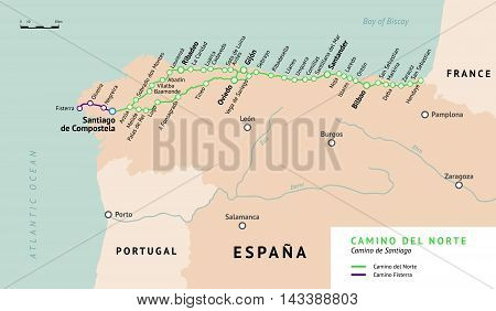 Camino del Norte map. Camino De Santiago or The Way of St.James. Ancient pilgrimage path to the Santiago de Compostella on the north of Spain.