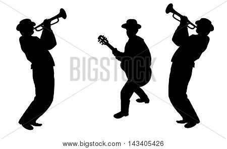 Jazz band, music group, black color, musicians silhouettes isolated on white background, Trio music players, holiday concert. Digital illustration. Jazz festival. For music Art, Print, poster, web, album design. 2019 Summer saxophone, guitar, trumpet