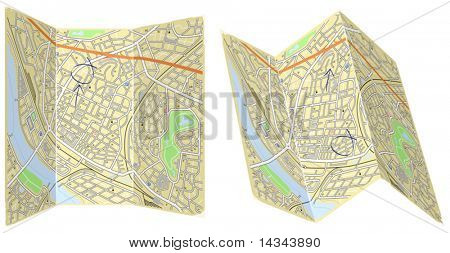 Editable vector illustration of two folded generic maps with no names