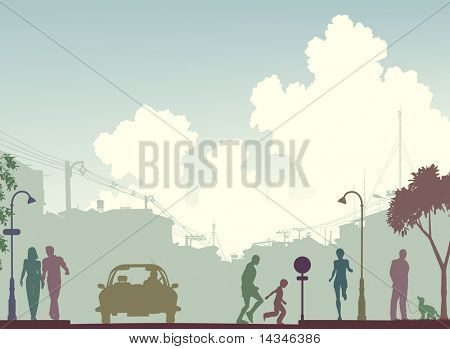 Editable vector silhouette of a busy street with all elements as separate objects.