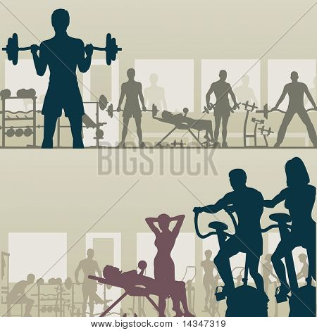 Two editable vector silhouettes of people exercising in a gym