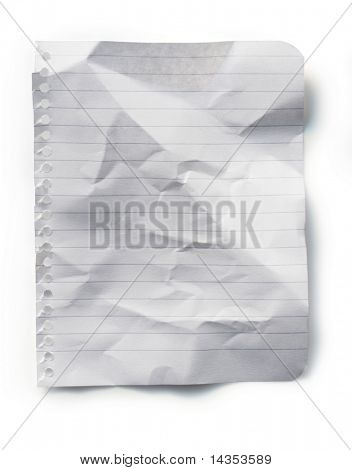 Crumpled page from a spiral notebook, casting soft shadow on white.  Clipping path included.